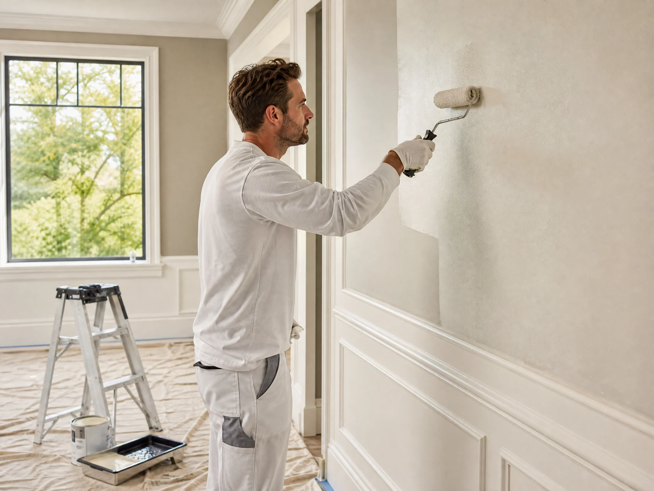 Professional painter working on a quality interior painting project