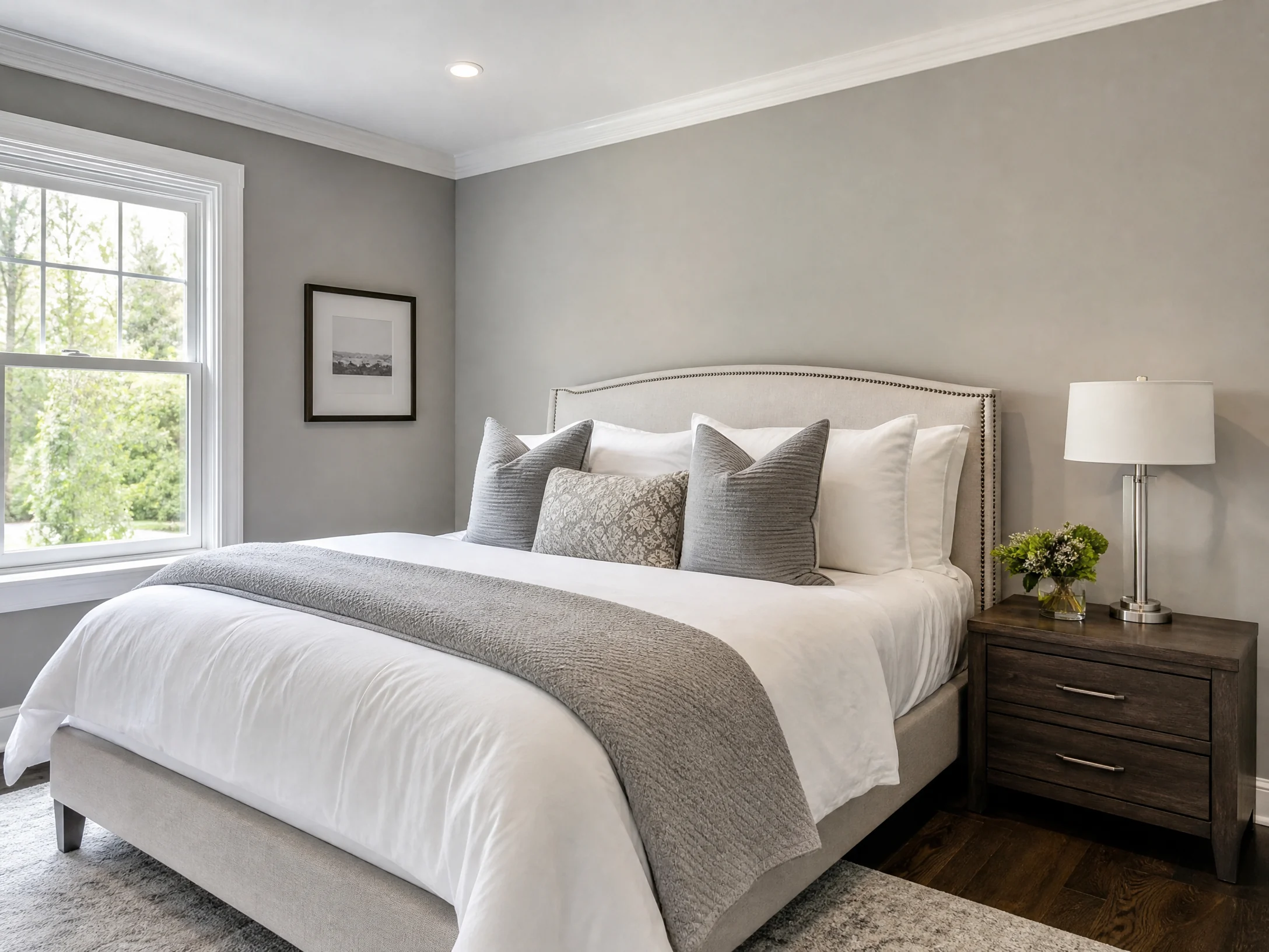 Fresh bedroom with refined warm-gray painted walls